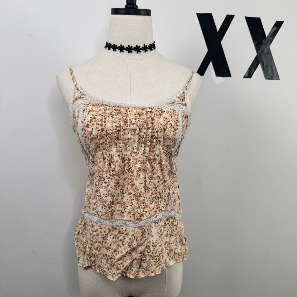 Vintage Y2K Pink Ivory Floral Lace Cami Babydoll Tank Top Fairy S